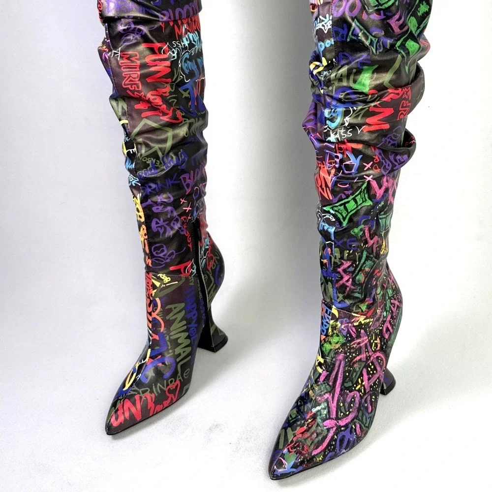 Revive Graf Multicolor Graffiti Print Over The Knee Flared Heel Boots woman  6.5